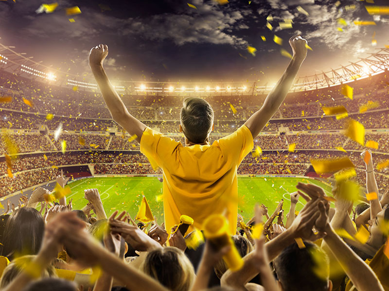 fan in yellow shirt standing up in stadium during sporting event